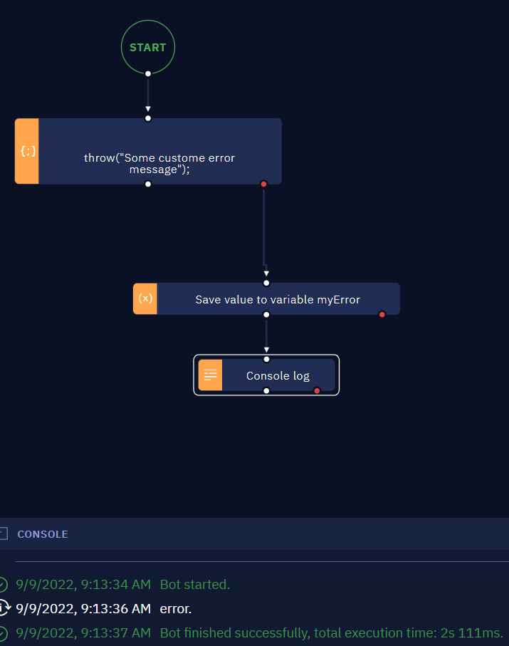 How to capture an error message I throw using the JavaScript block